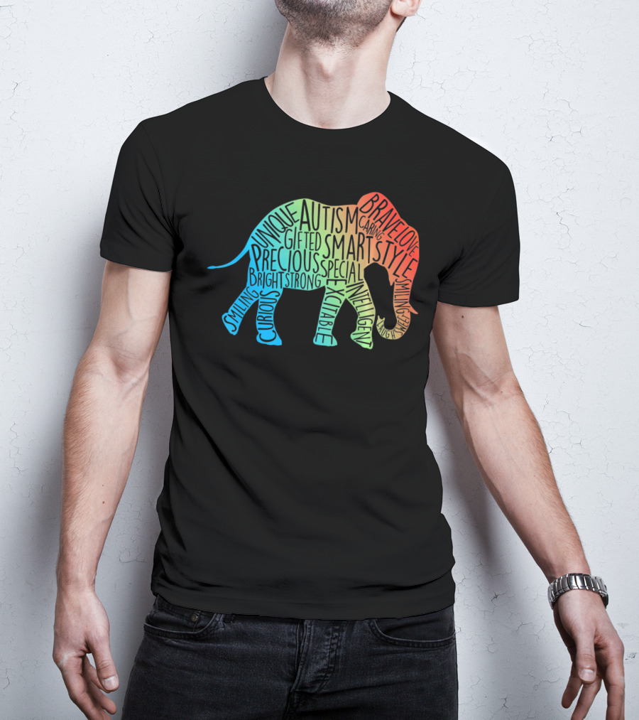 Autism Awareness Elephant Collage Brave Unique Precious Bright Smart Strong T-Shirt