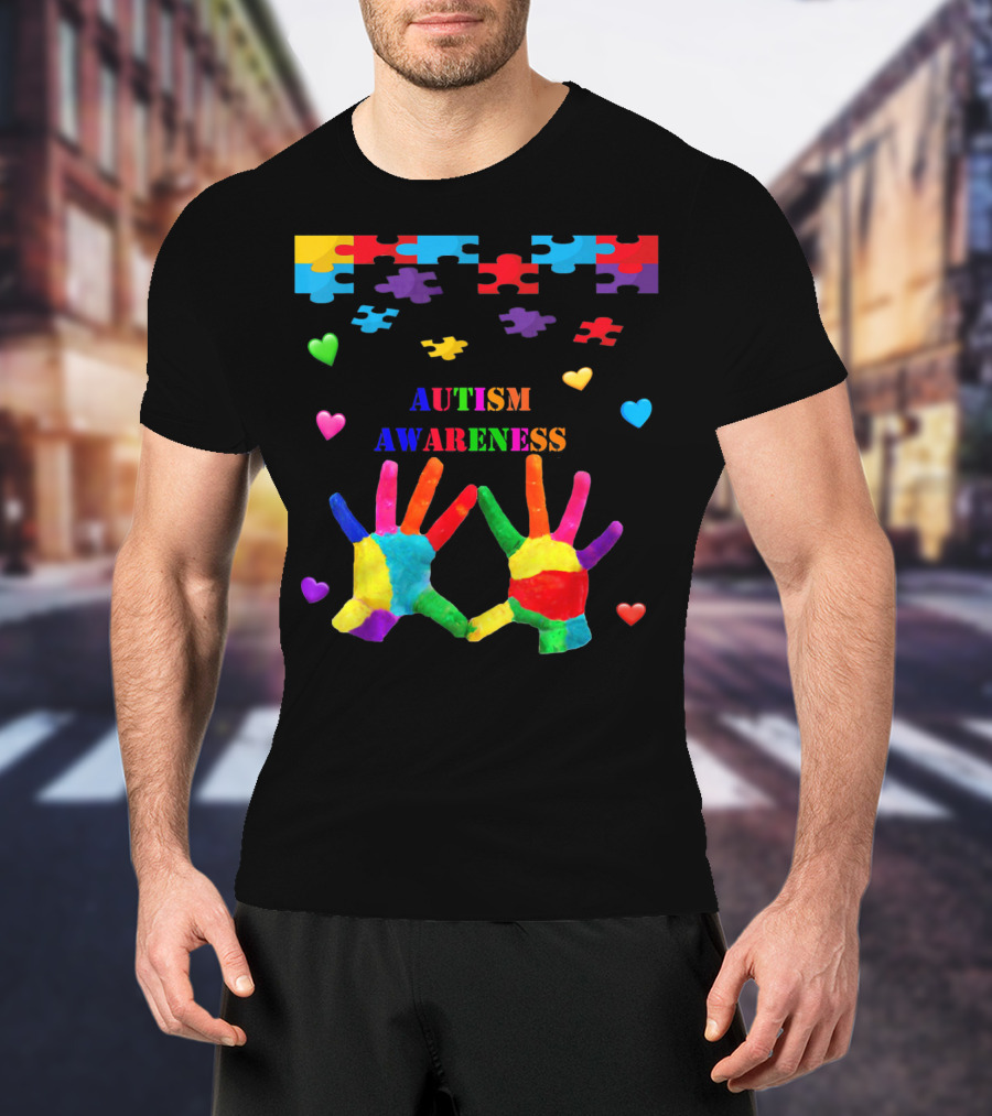 Autism Awareness Colorful Hands With Puzzle Pieces And Hearts T-Shirt