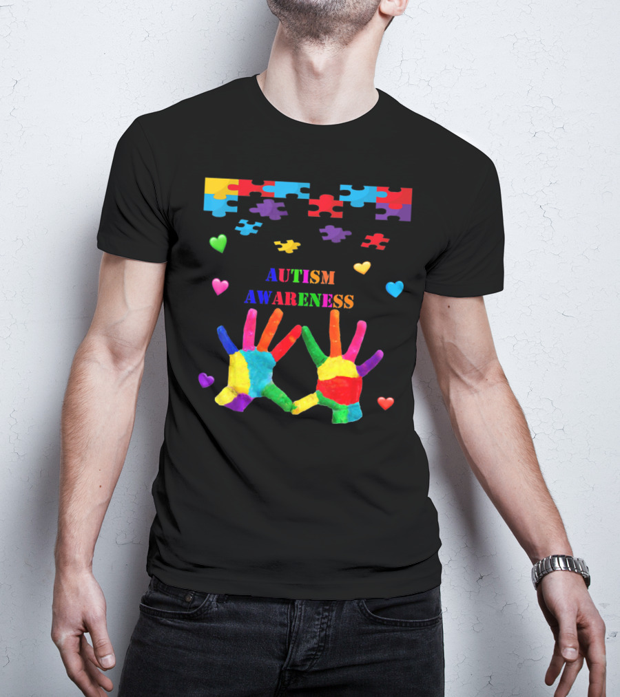 Autism Awareness Colorful Hands With Puzzle Pieces And Hearts T-Shirt