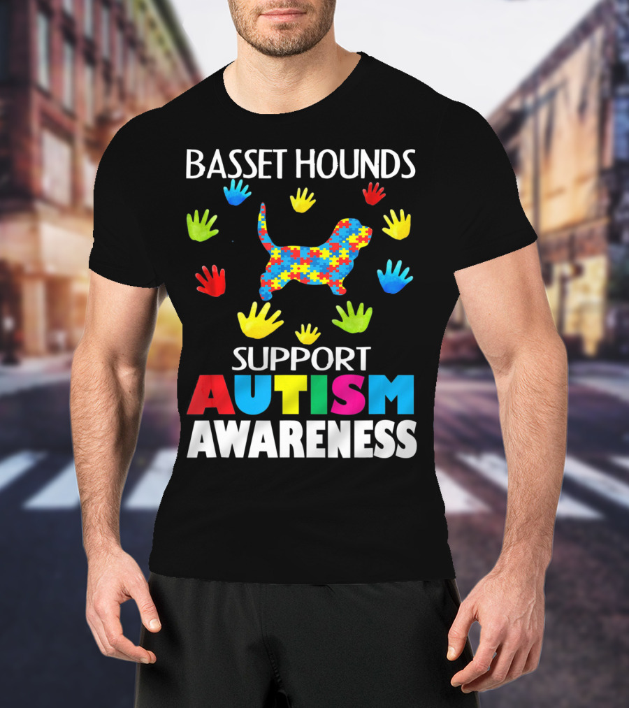 Basset Hounds Support Autism Awareness Puzzle Pattern Hands T-Shirt
