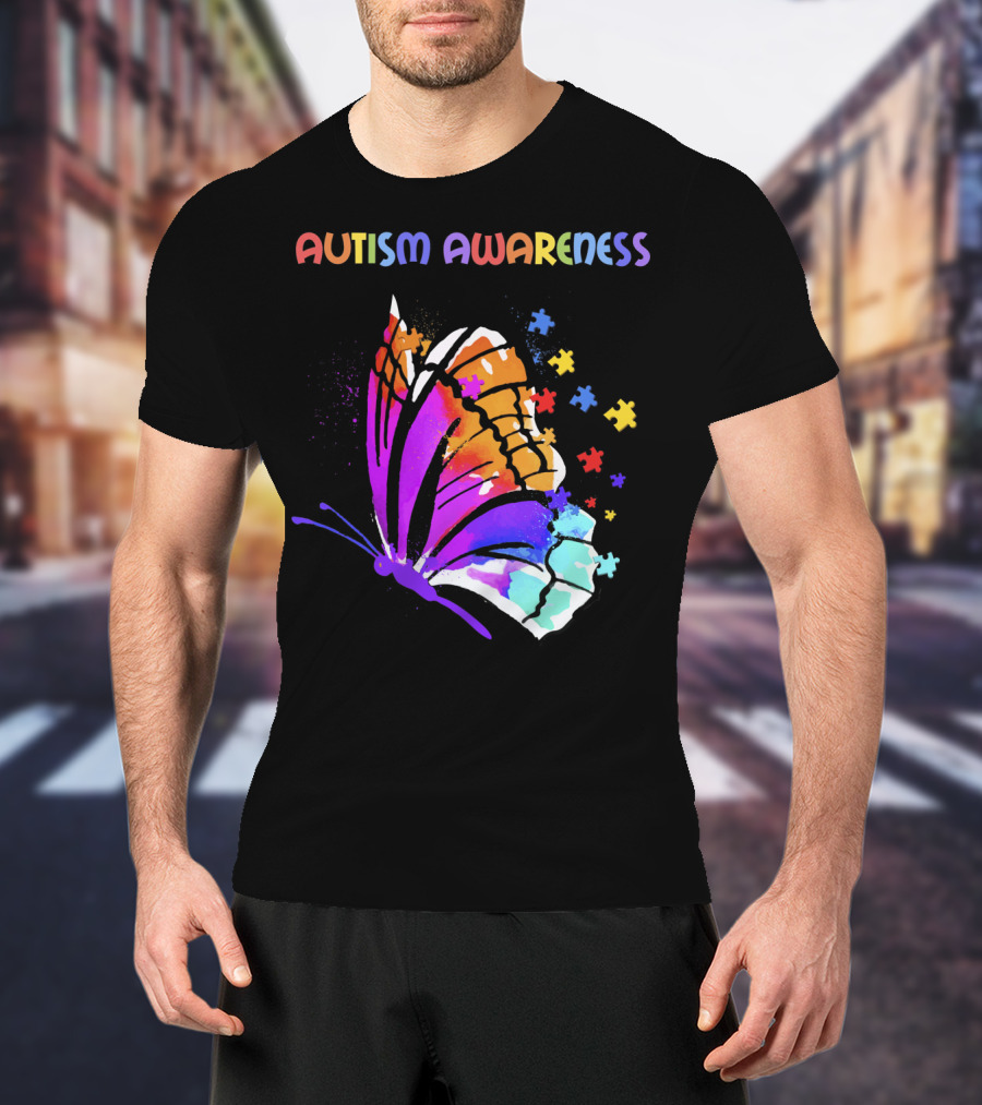 Autism Awareness Colorful Butterfly With Puzzle Pieces T-Shirt