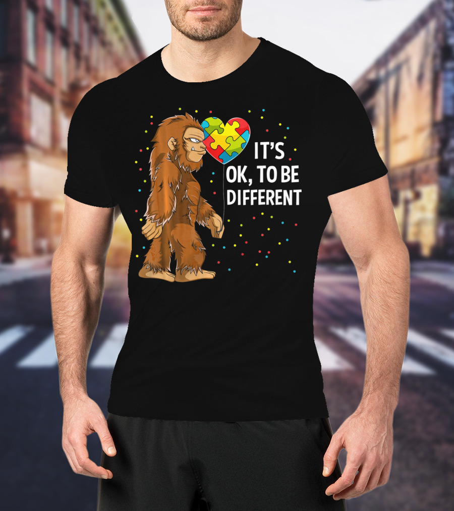 Autism Awareness Bigfoot Heart Puzzle It's OK To Be Different T-Shirt