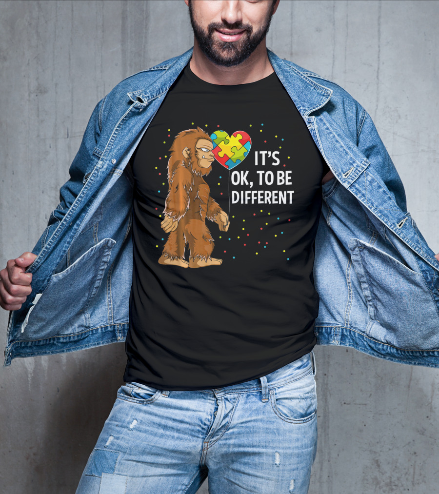 Autism Awareness Bigfoot Heart Puzzle It's OK To Be Different T-Shirt