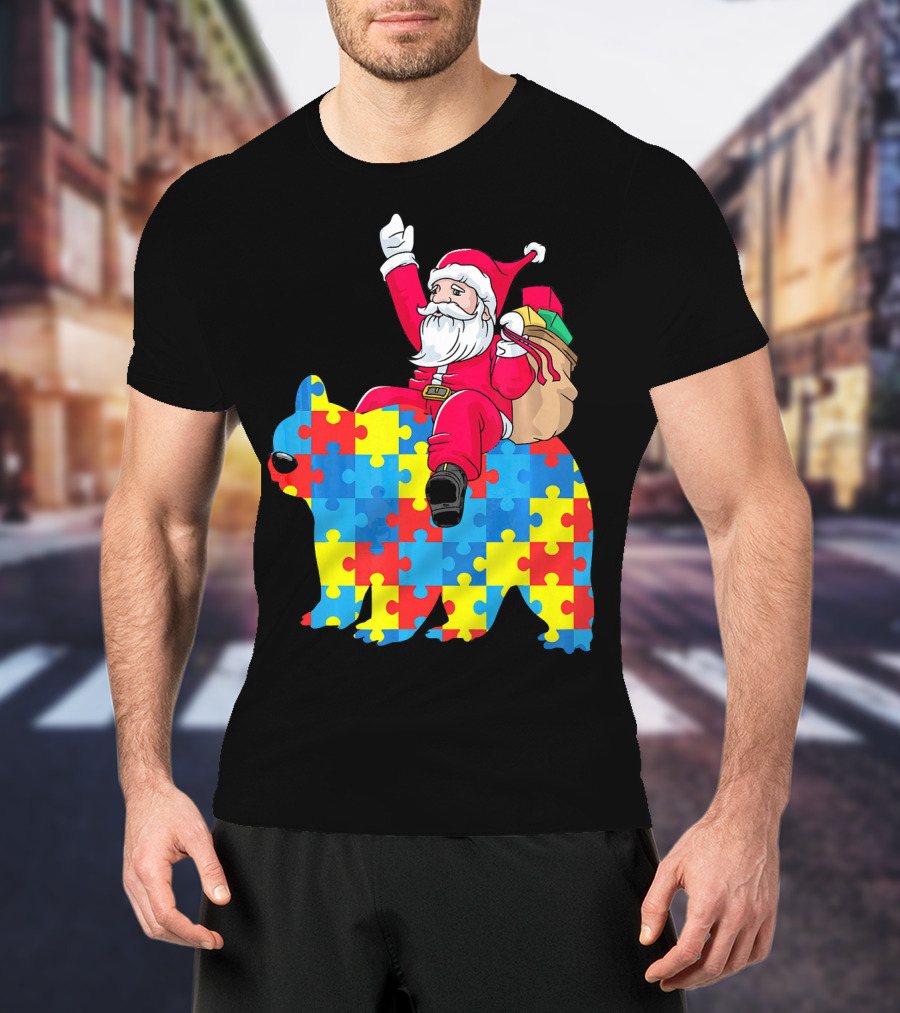 Santa Claus Riding Puzzle Piece Bear Autism Awareness T-Shirt