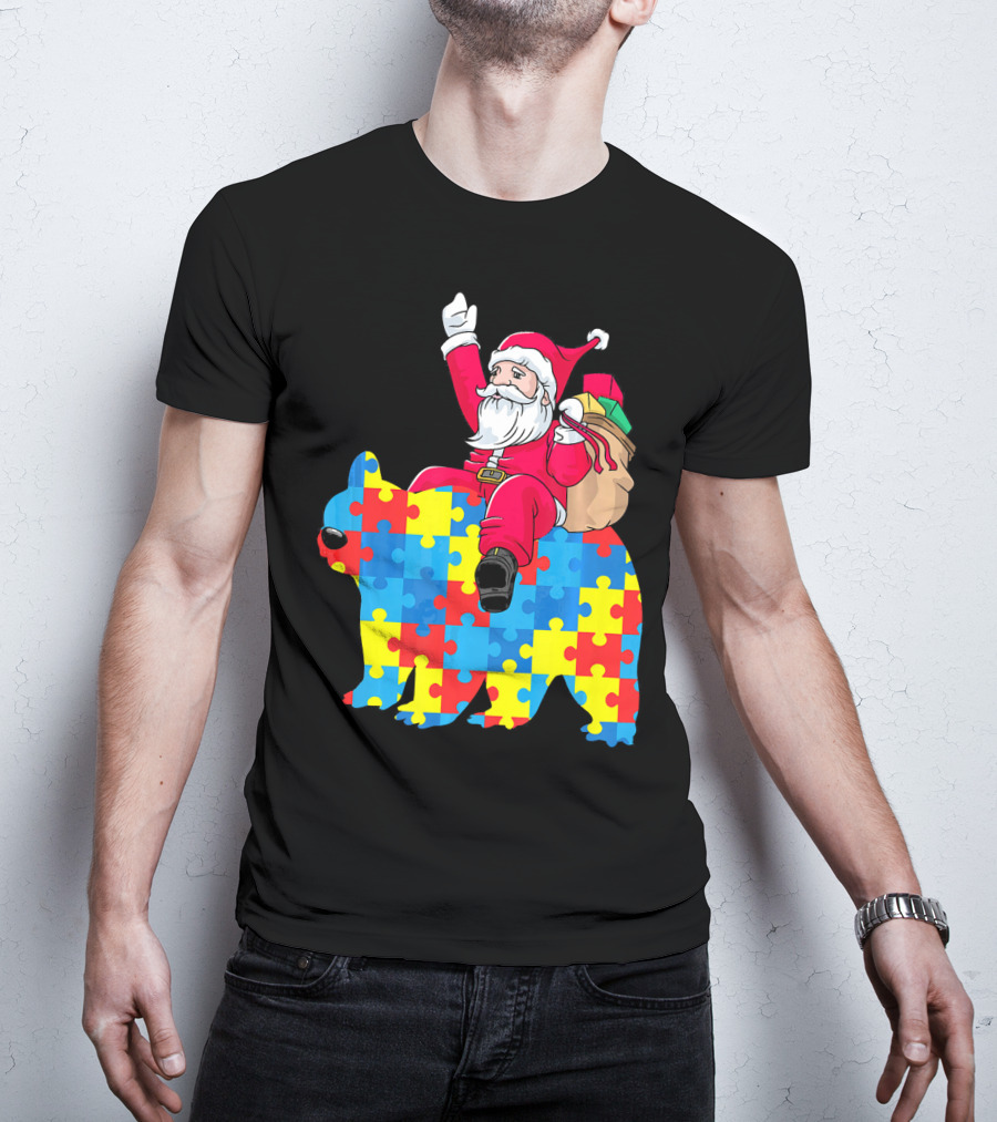 Santa Claus Riding Puzzle Piece Bear Autism Awareness T-Shirt
