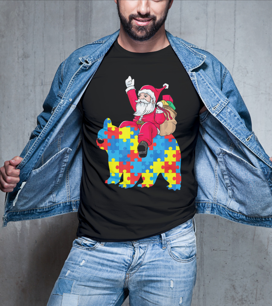 Santa Claus Riding Puzzle Piece Bear Autism Awareness T-Shirt