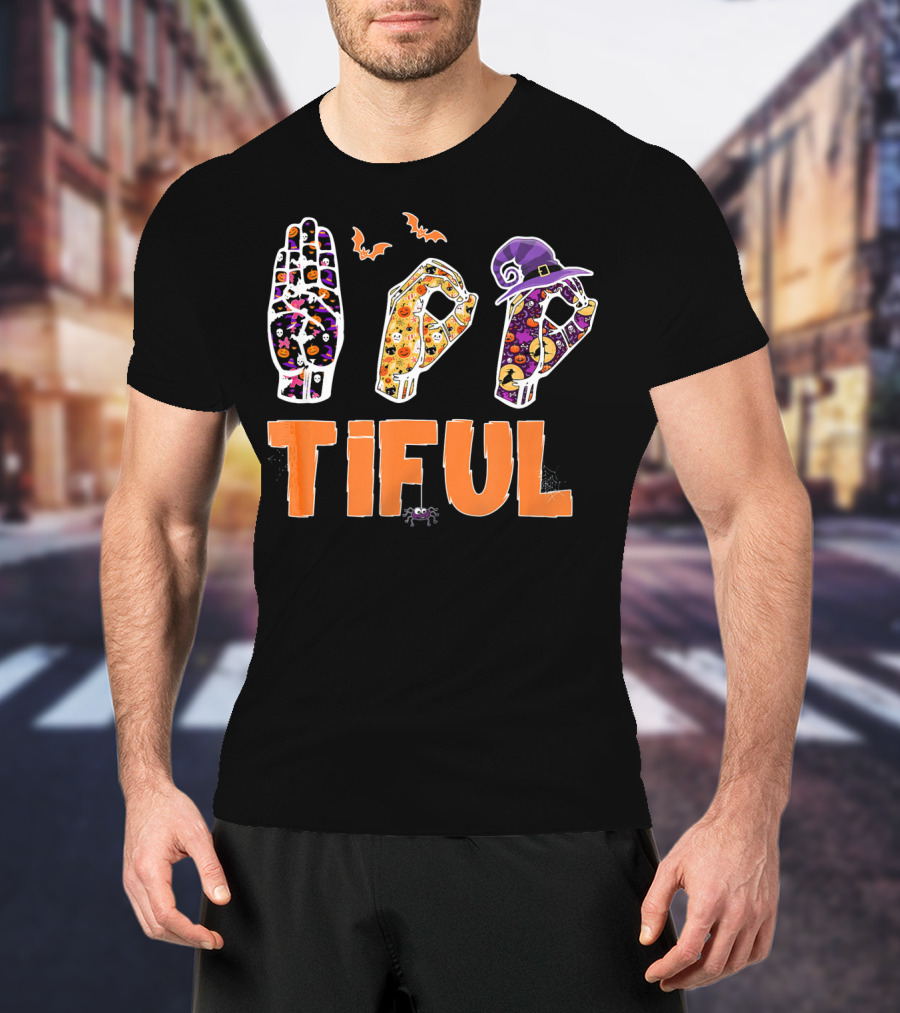 BOO Bootiful Halloween ASL Sign Language Autism With Spooky Hand Signs And Witch Hat T-Shirt