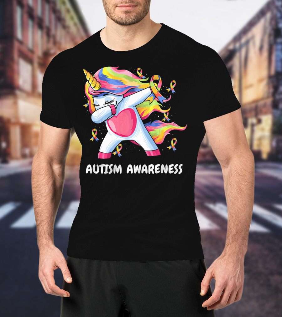 Autism Awareness Dabbing Rainbow Unicorn With Puzzle T-Shirt
