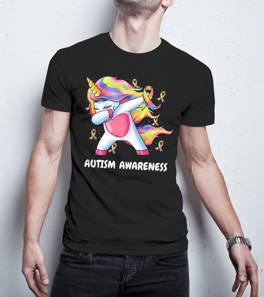 Autism Awareness Dabbing Rainbow Unicorn With Puzzle T-Shirt