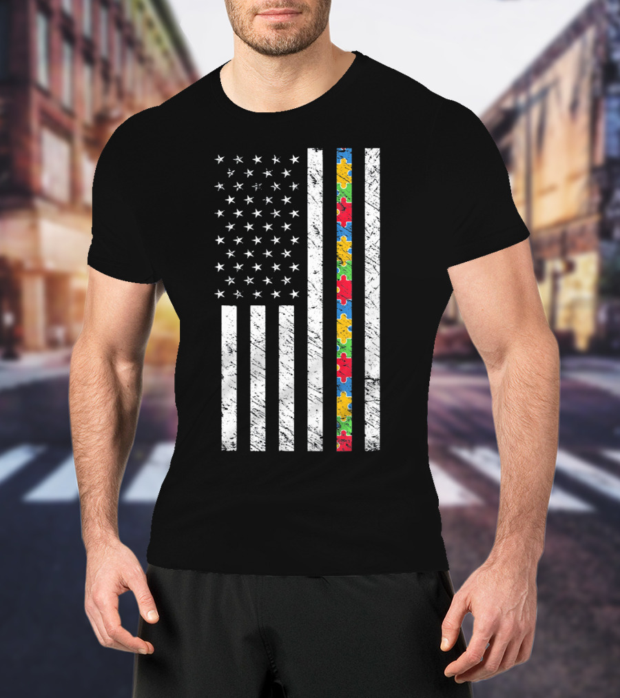 Autism Awareness American Flag Puzzle Piece T-Shirt