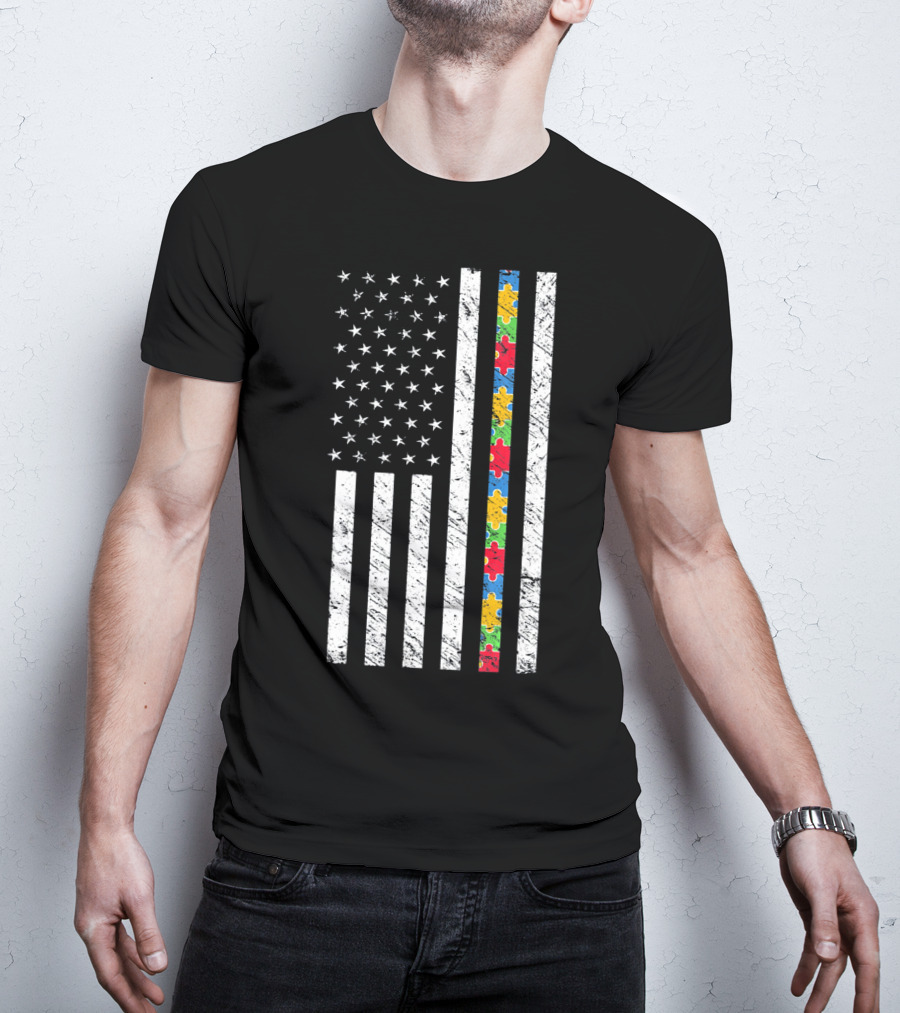 Autism Awareness American Flag Puzzle Piece T-Shirt