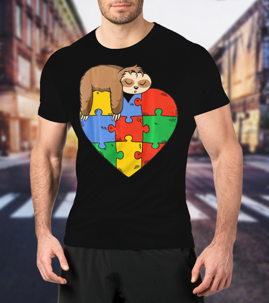 Cute Sloth Heart Puzzle Autism Parents Autistic Child T-Shirt