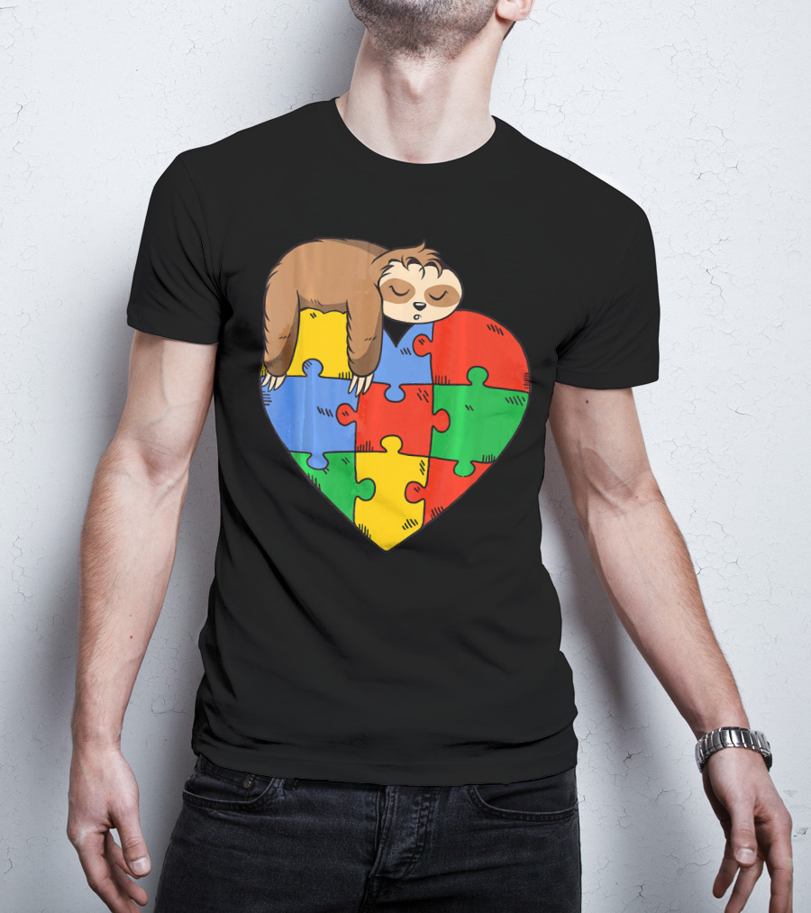 Cute Sloth Heart Puzzle Autism Parents Autistic Child T-Shirt