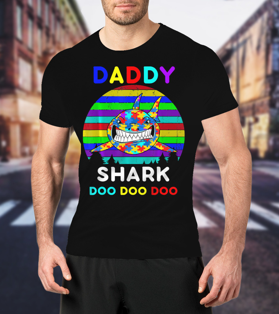 Daddy Shark Doo Doo Autism Awareness Colorful Puzzle Stripes T-Shirt