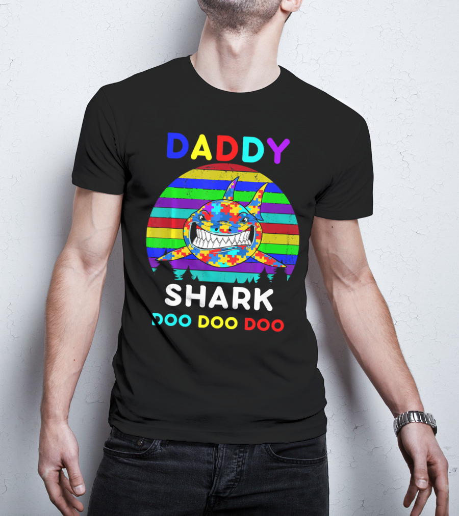Daddy Shark Doo Doo Autism Awareness Colorful Puzzle Stripes T-Shirt