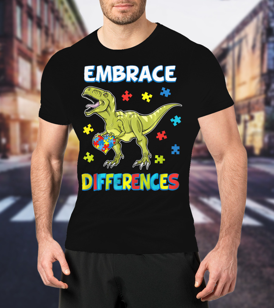 Embrace Differences Dinosaurus Trex Auti Puzzle Heart T-Shirt