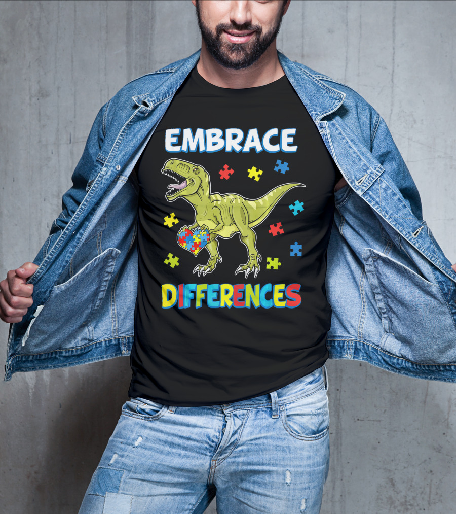 Embrace Differences Dinosaurus Trex Auti Puzzle Heart T-Shirt
