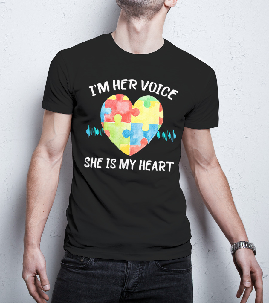 I'M HER VOICE SHE IS MY HEART Autism Puzzle Heart T-Shirt