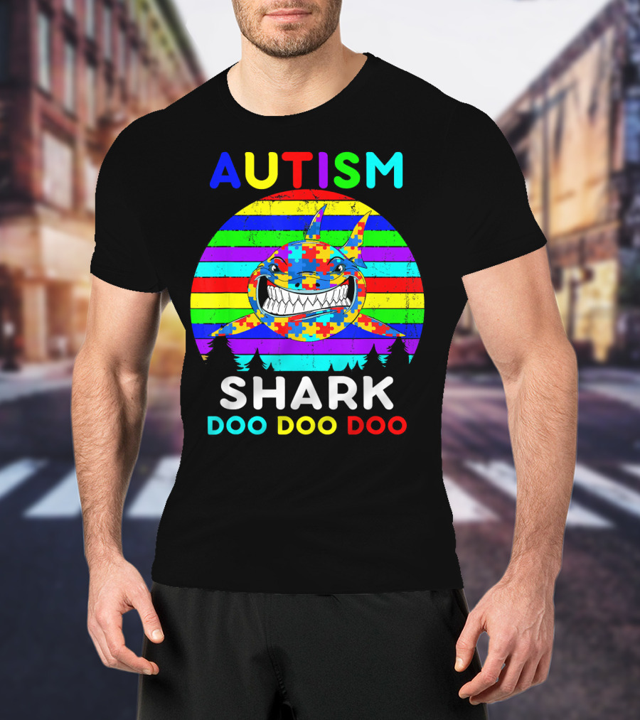 Autism Shark Doo Doo Doo Puzzle Piece Rainbow Awareness T-Shirt