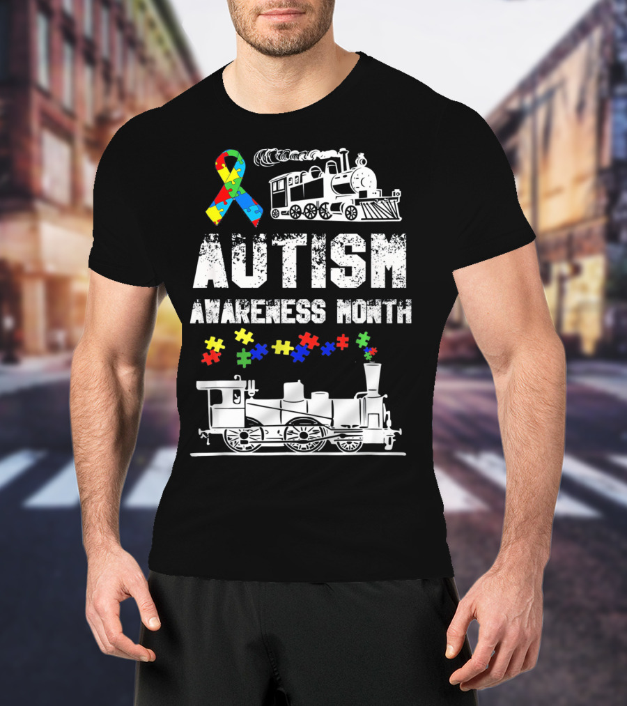 Autism Awareness Month Puzzle Ribbon Steam Train T-Shirt