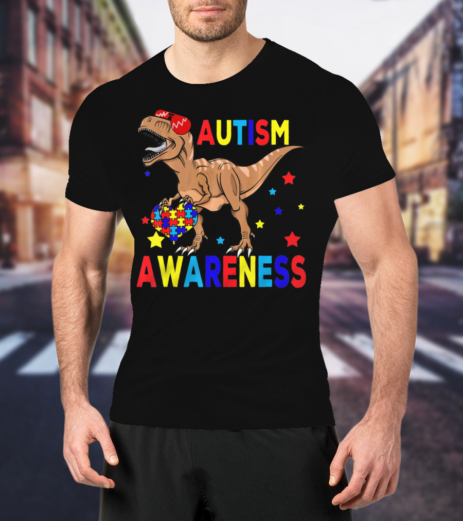 Cool Rex Dino Autism Awareness Puzzle Heart And Stars T-Shirt