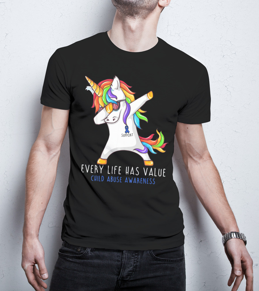 Every Life Has Value Child Abuse Awareness Support Unicorn Dabbing T-Shirt