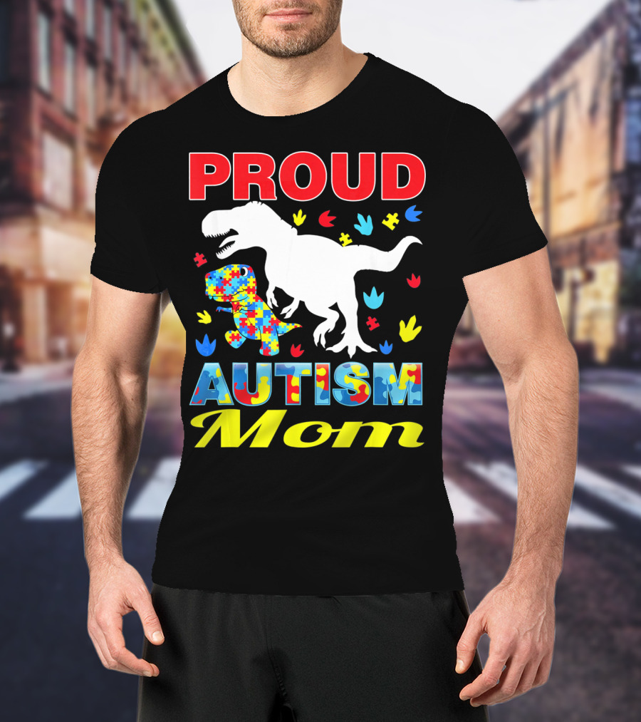Proud Autism Mom Dinosaur Puzzle Piece T-Shirt