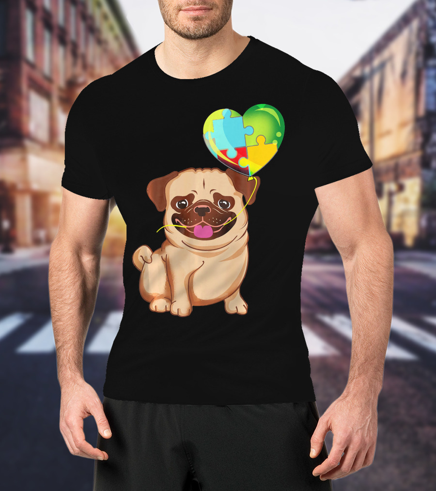 Autism Awareness Pug Puppy Heart Puzzle Balloon T-Shirt