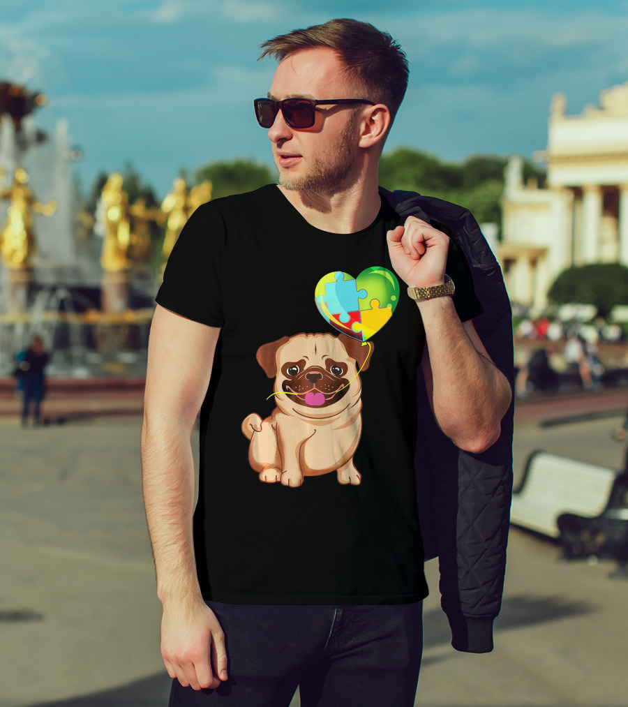 Autism Awareness Pug Puppy Heart Puzzle Balloon T-Shirt