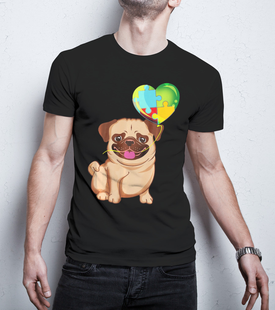 Autism Awareness Pug Puppy Heart Puzzle Balloon T-Shirt