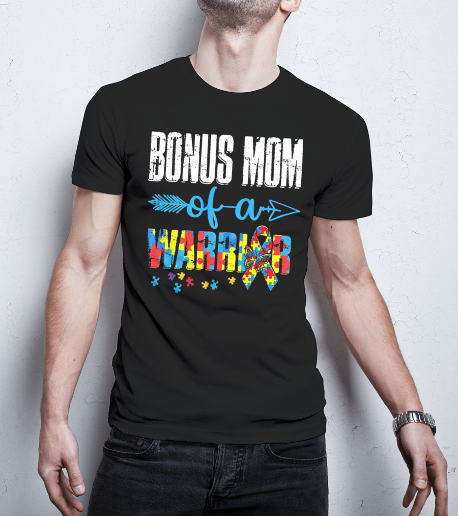 Bonus Mom Of A Warrior Autism Awareness Puzzle T-Shirt