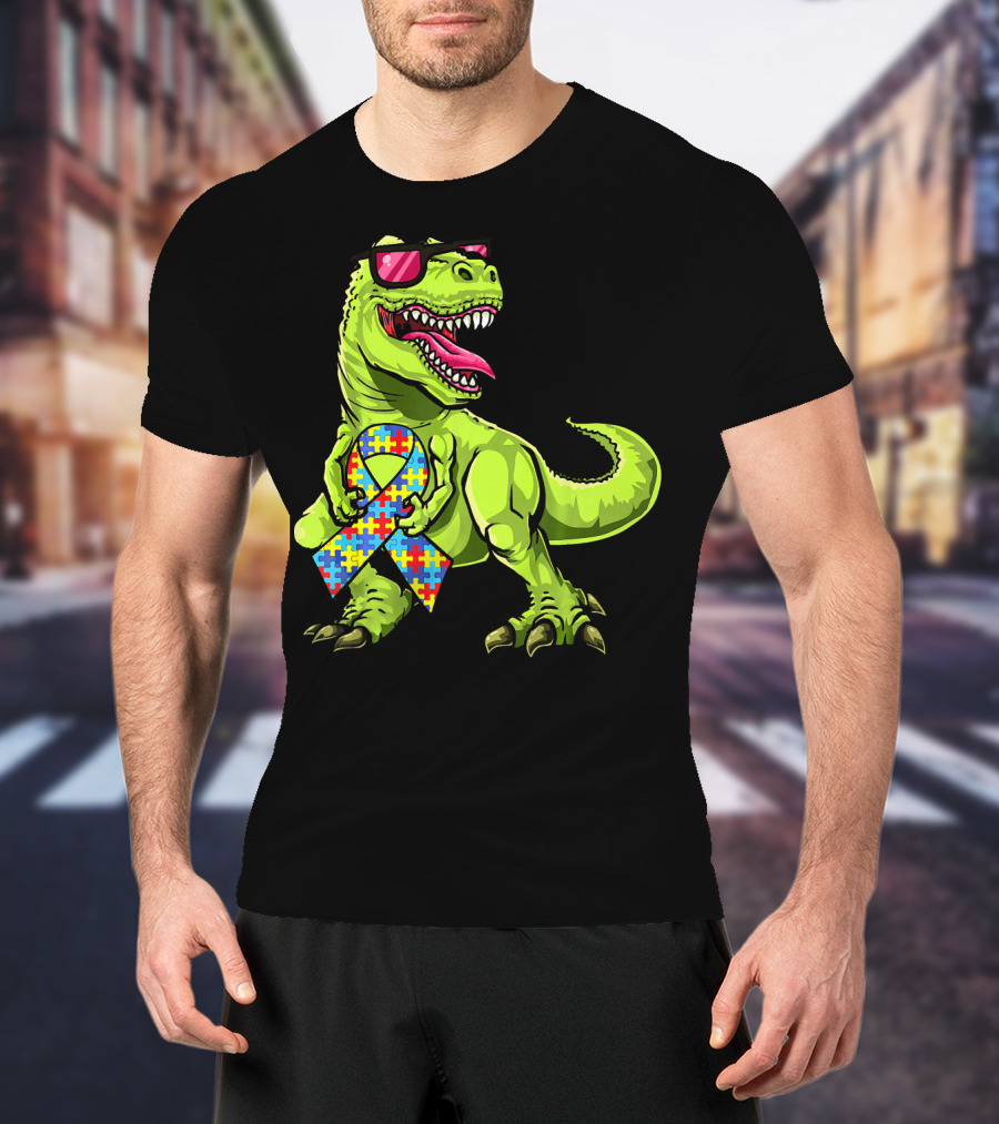 Dinosaur Rex With Autism Awareness Puzzle Ribbon And Sunglasses T-Shirt