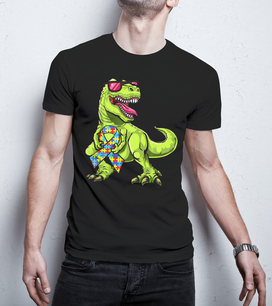 Dinosaur Rex With Autism Awareness Puzzle Ribbon And Sunglasses T-Shirt
