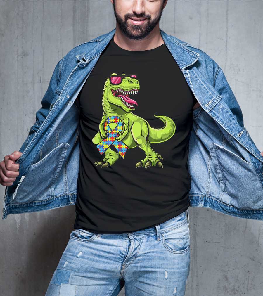Dinosaur Rex With Autism Awareness Puzzle Ribbon And Sunglasses T-Shirt