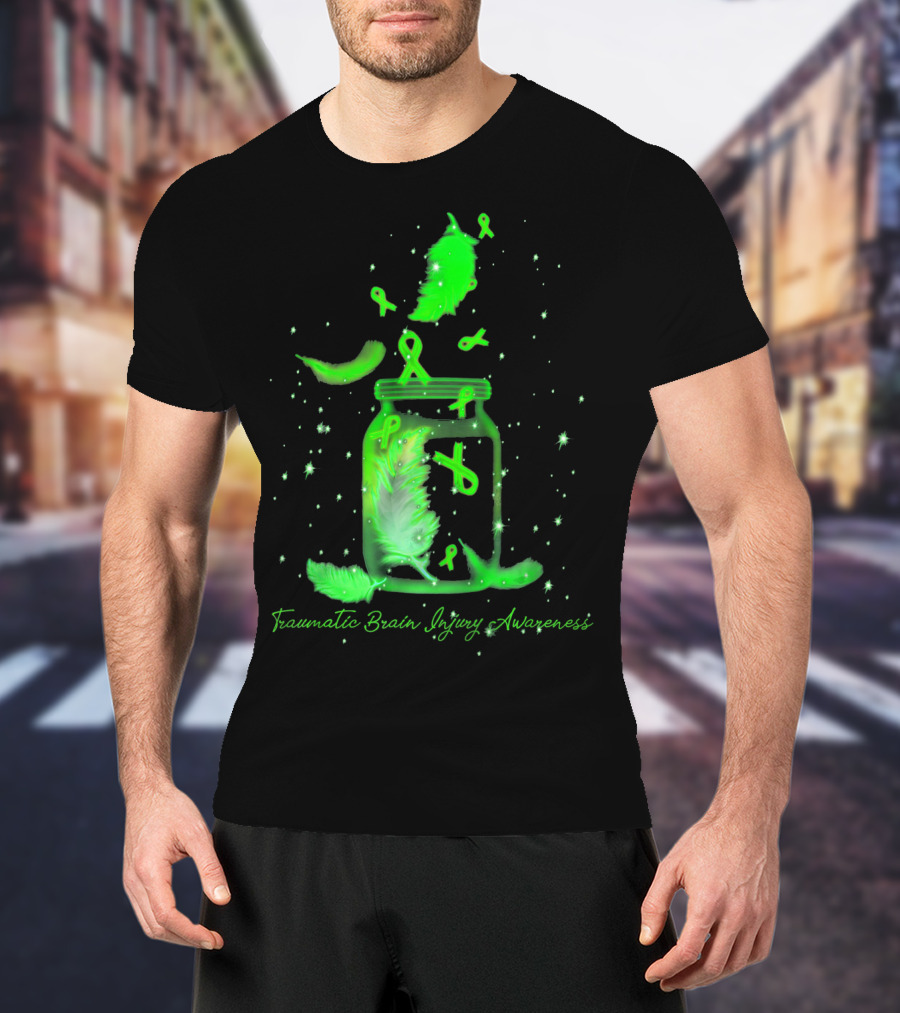 Traumatic Brain Injury Awareness Dream Jar With Green Ribbons And Feathers T-Shirt