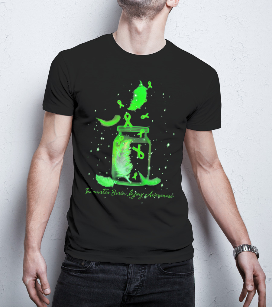 Traumatic Brain Injury Awareness Dream Jar With Green Ribbons And Feathers T-Shirt