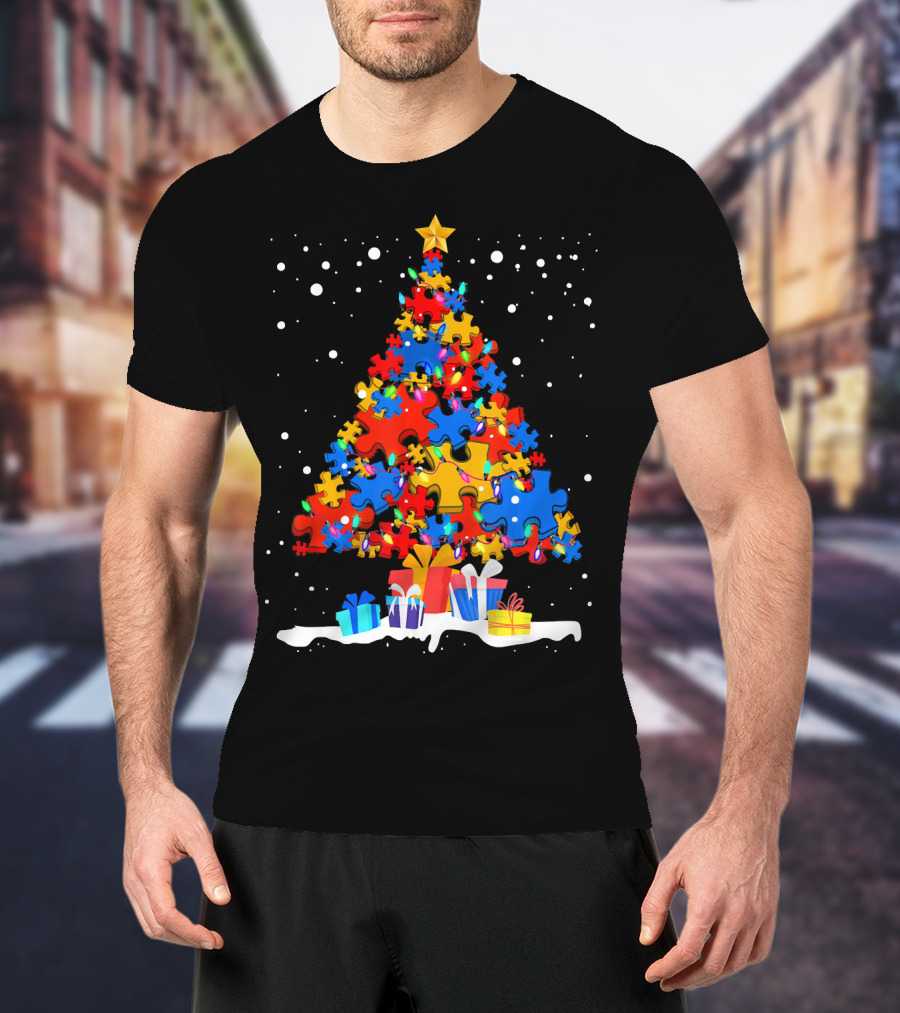 Autism Puzzle Pieces Christmas Tree With Presents Snowflakes T-Shirt
