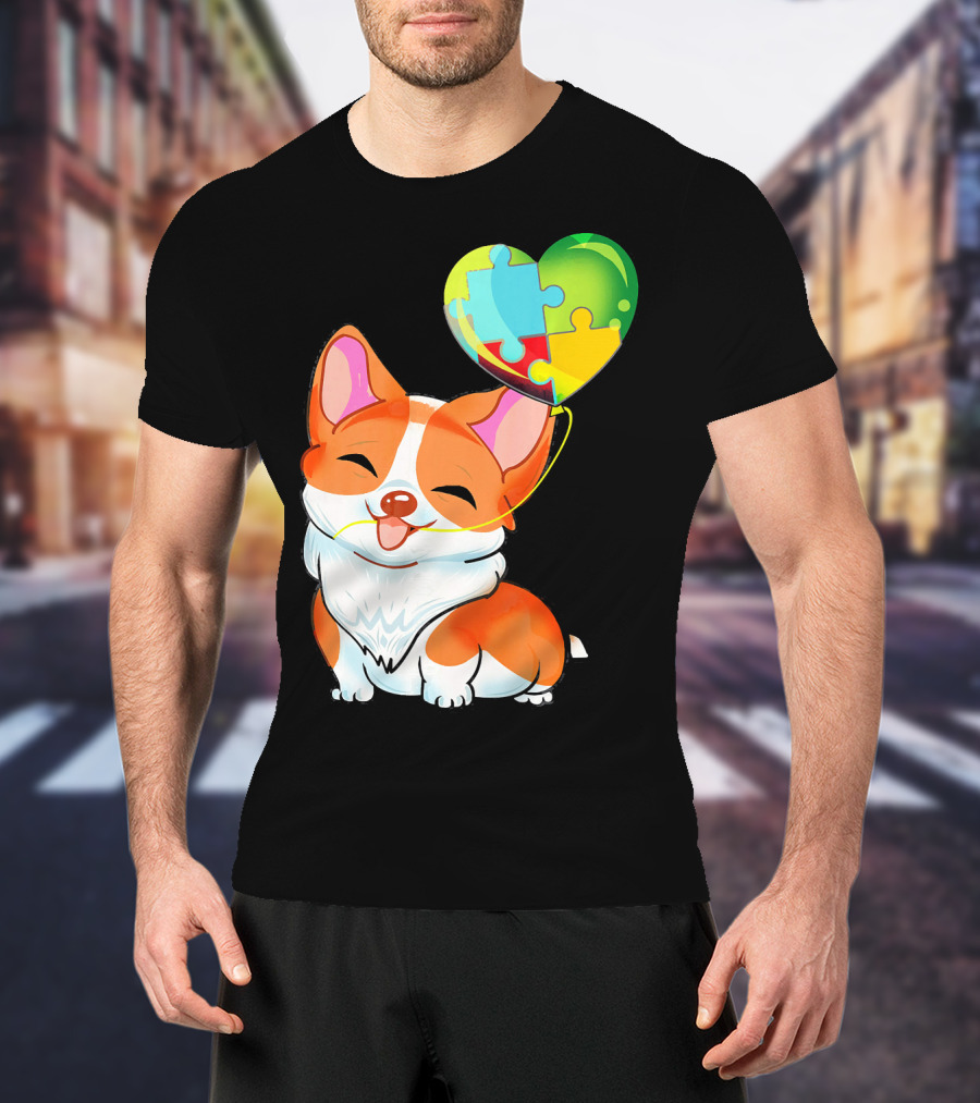 Autism Awareness Corgi Puppy With Heart Balloon Puzzle T-Shirt