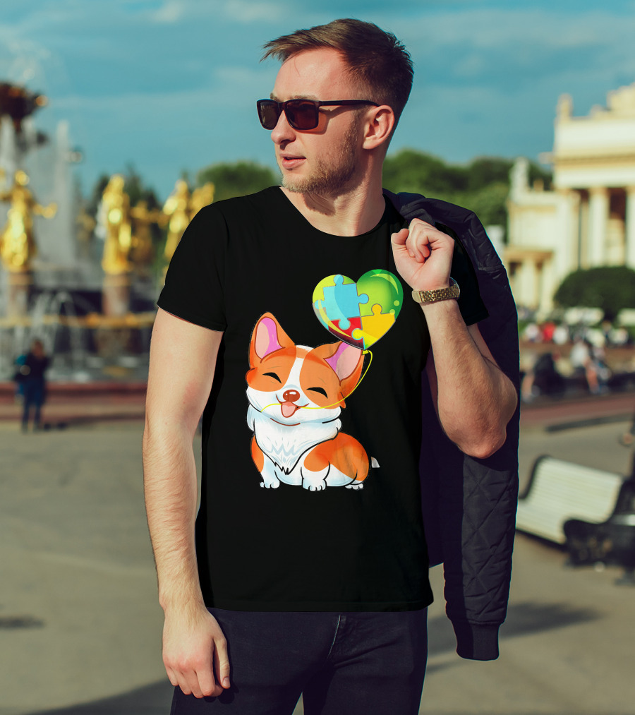 Autism Awareness Corgi Puppy With Heart Balloon Puzzle T-Shirt