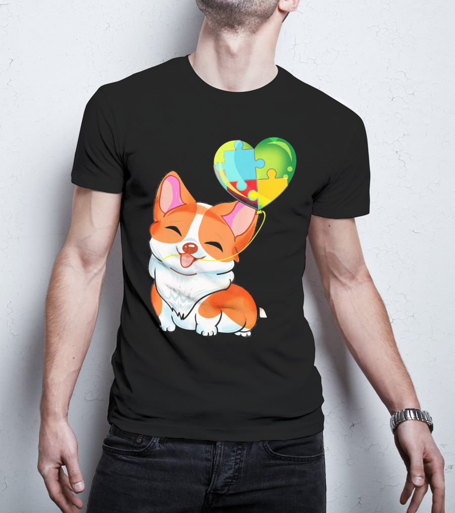Autism Awareness Corgi Puppy With Heart Balloon Puzzle T-Shirt