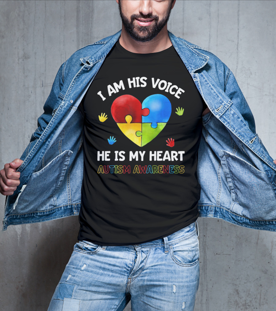 I Am His Voice He Is My Heart Autism Awareness Puzzle Heart And Colorful Handprints T-Shirt