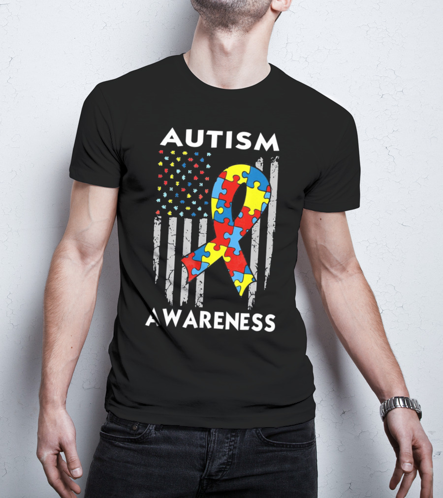 Autism Awareness USA American Flag Puzzle T-Shirt