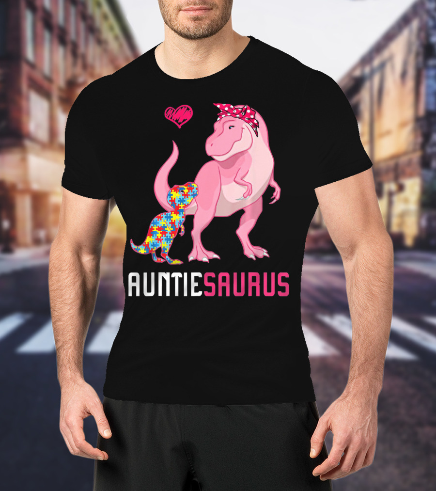 Auntiesaurus Dinosaur Puzzle Piece Heart Autism Awareness T-Shirt