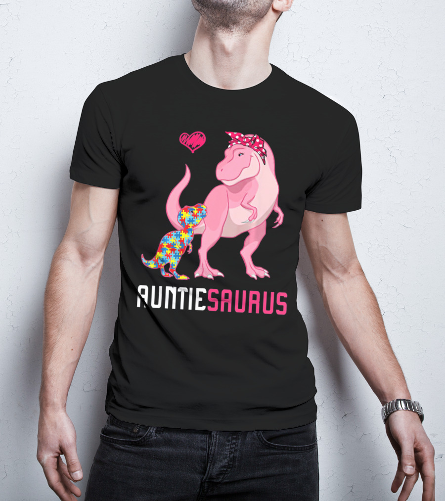 Auntiesaurus Dinosaur Puzzle Piece Heart Autism Awareness T-Shirt