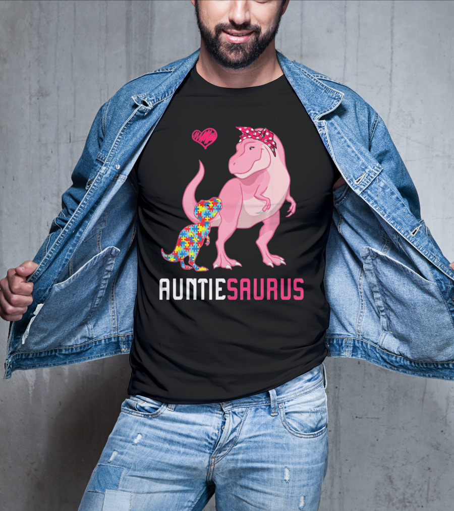 Auntiesaurus Dinosaur Puzzle Piece Heart Autism Awareness T-Shirt