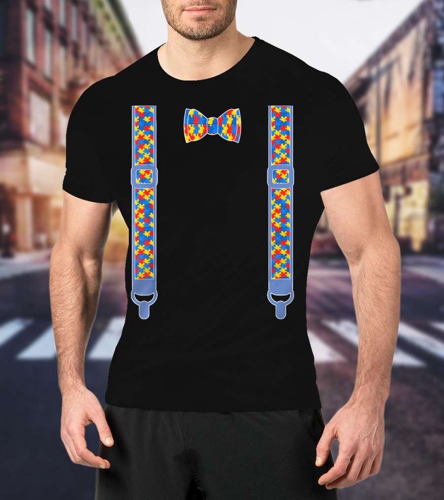 Autism Awareness Puzzle Pattern Bow Tie And Suspenders T-Shirt