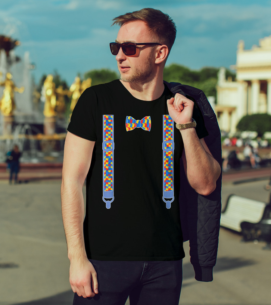 Autism Awareness Puzzle Pattern Bow Tie And Suspenders T-Shirt