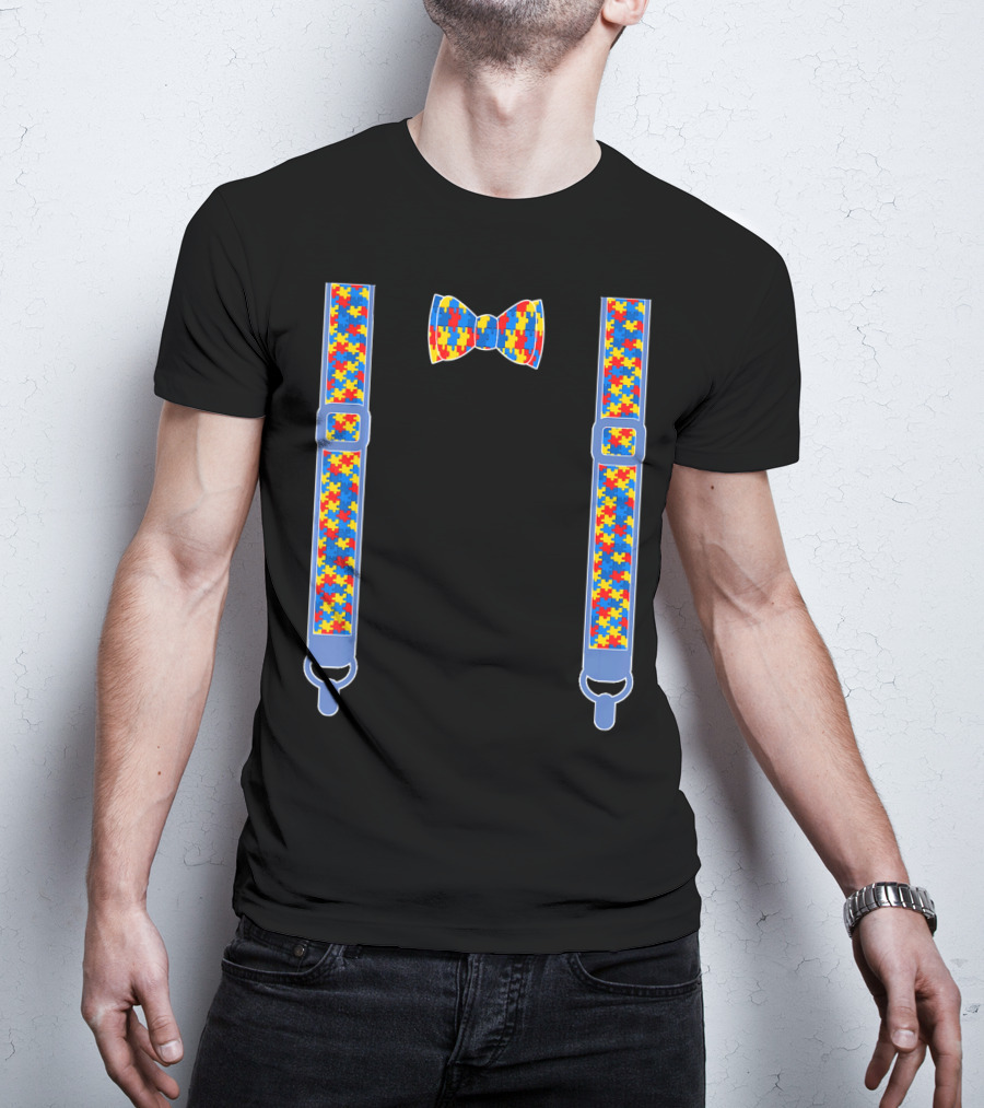 Autism Awareness Puzzle Pattern Bow Tie And Suspenders T-Shirt