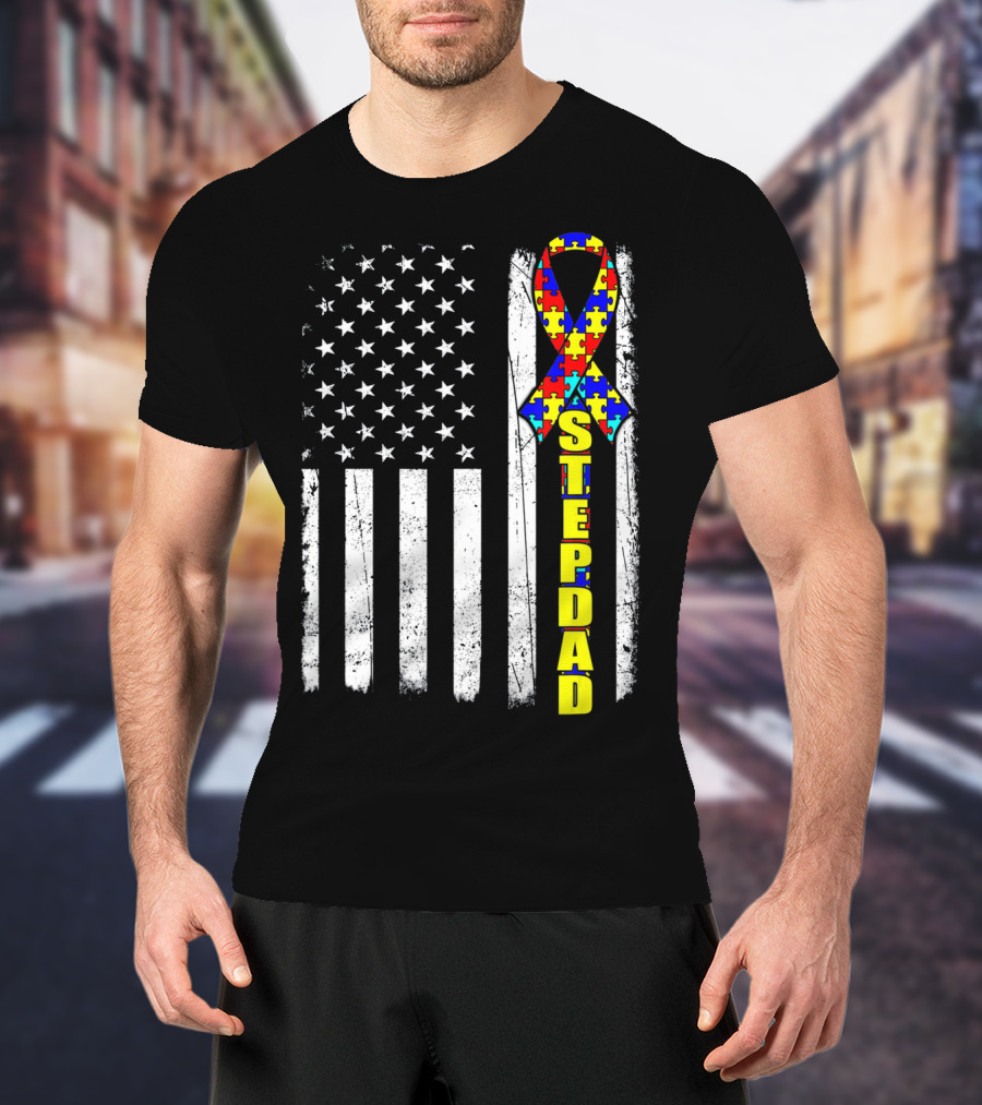 Stepdad Autism Awareness Puzzle Ribbon American Flag T-Shirt