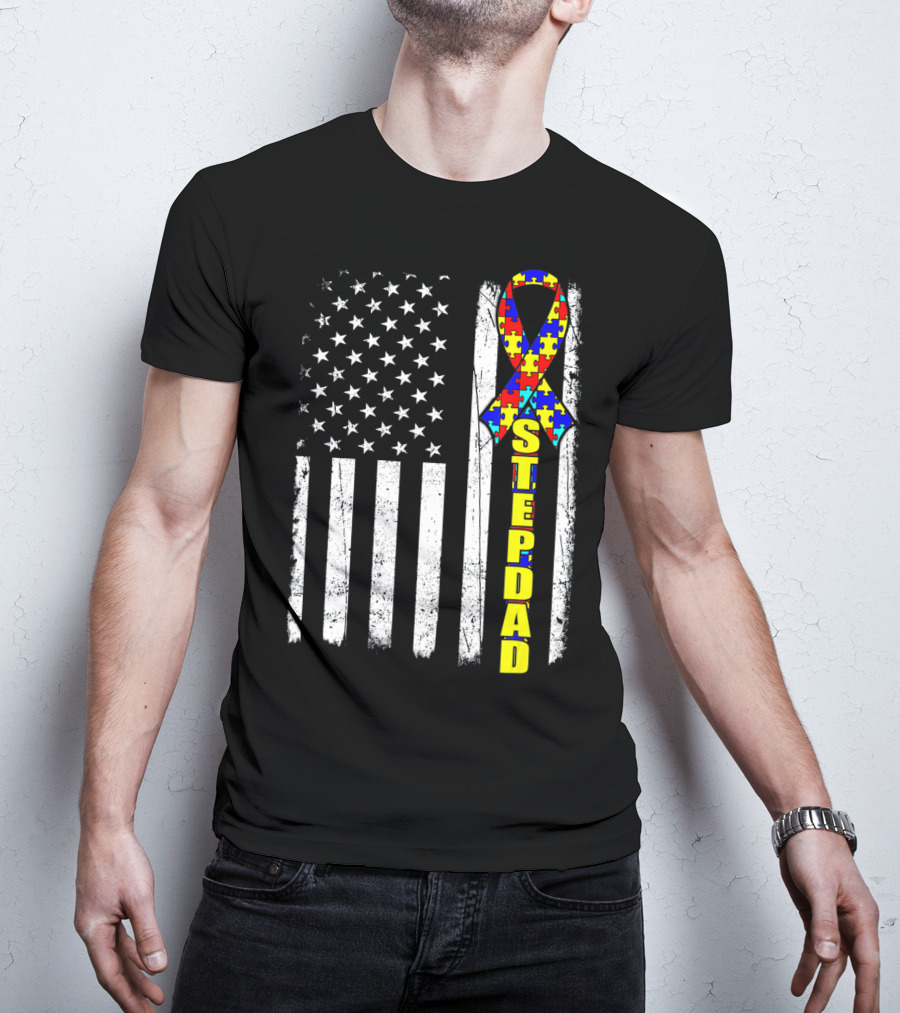 Stepdad Autism Awareness Puzzle Ribbon American Flag T-Shirt
